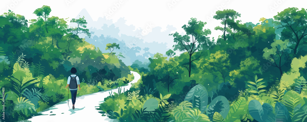 Poster a mystical forest glade with a hidden waterfall and rainbow mist. vector flat minimalistic isolated 