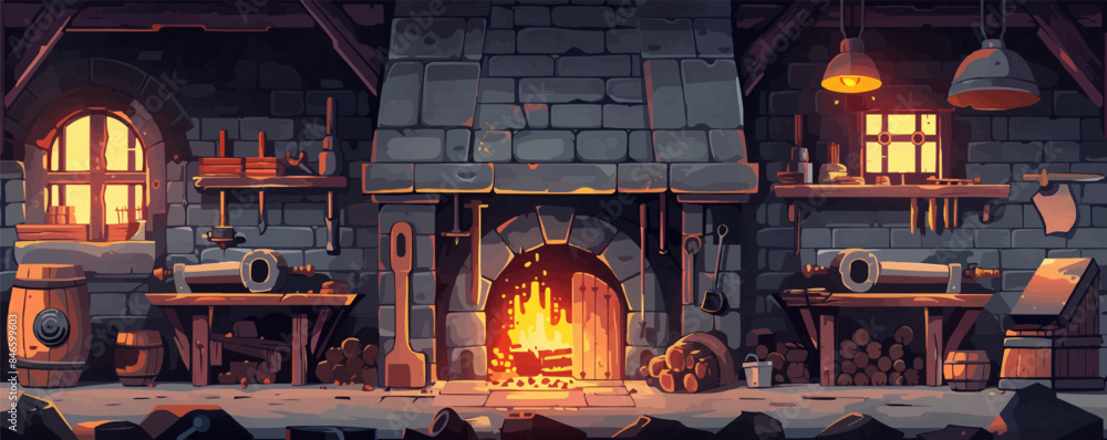Poster medieval blacksmith workshop with anvils and tools vector flat minimalistic isolated illustration