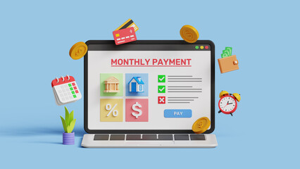 Membership subscription payment, loan, mortgage, tax, saving and expenses concept. Monthly payment date on a laptop on blue background. 3d illustration