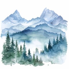 Fototapeta premium A beautiful watercolor clipart featuring a tranquil mountain landscape, isolated on a white background