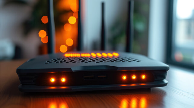 High Speed Wireless Router with Blinking LED Lights on Wooden Table.
