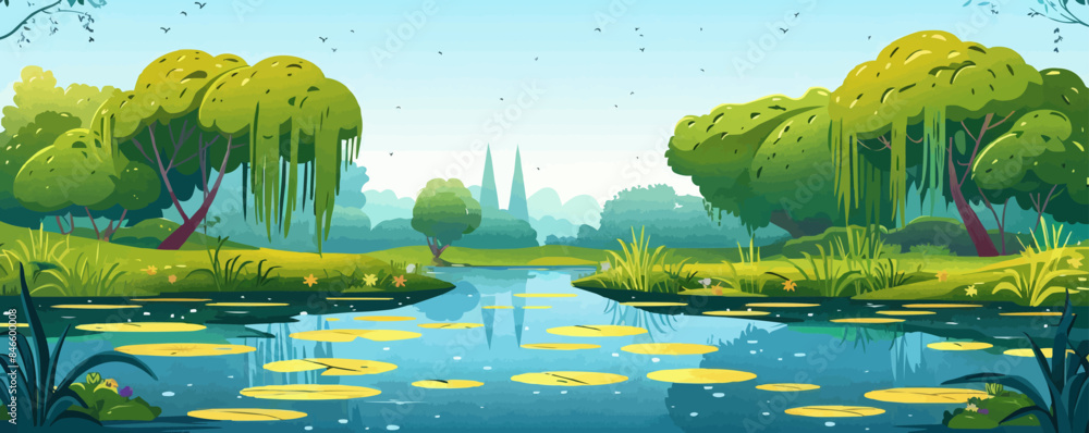 Poster a tranquil riverside park with weeping willow trees and a pond filled with lily pads. vector flat mi