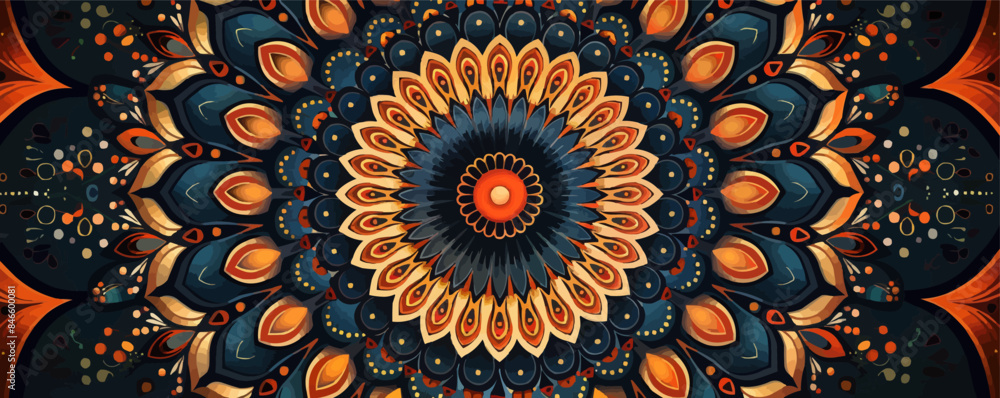 Poster intricate mandala design with symmetrical patterns vector flat minimalistic isolated illustration