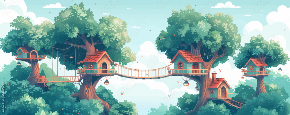 Poster a whimsical treehouse village with rope bridges and tree platforms. vector flat minimalistic isolate