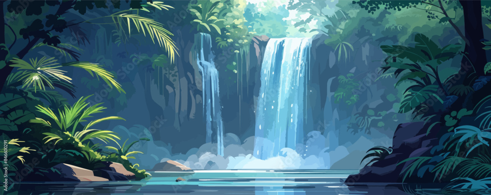 Poster a tranquil waterfall hidden deep in the heart of the jungle. vector flat minimalistic isolated illus