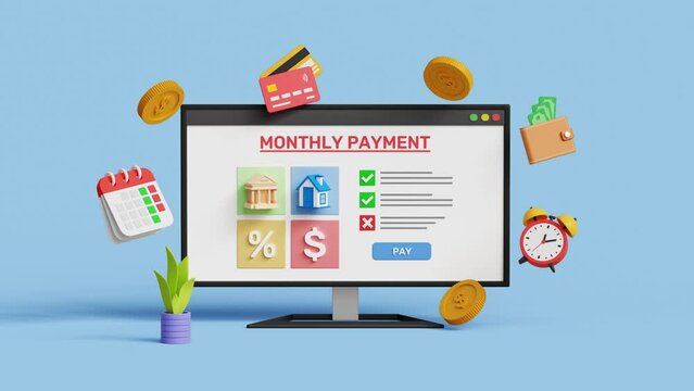 Subscription payment, loan, mortgage, tax, saving and expenses concept. Monthly payments via computer on blue background. 4k 3d animation
