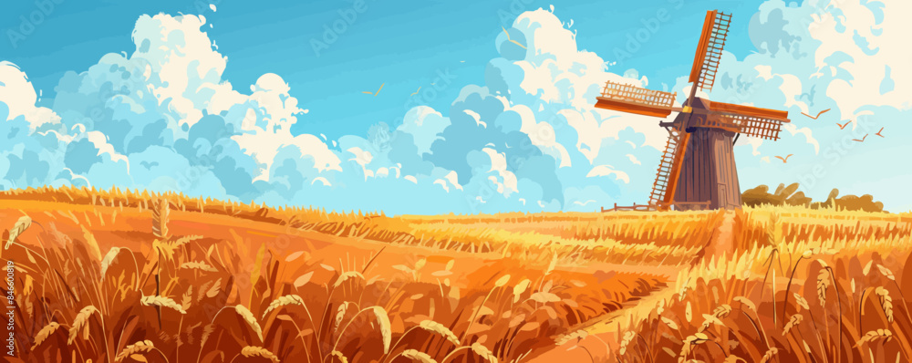 Poster a rustic windmill surrounded by fields of golden wheat swaying in the breeze. vector flat minimalist