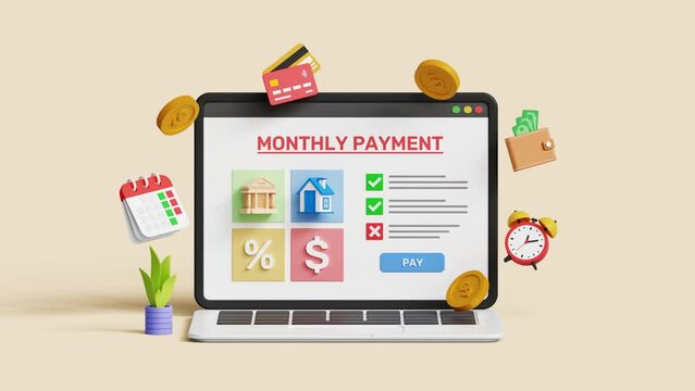 Membership subscription payment, loan, mortgage, tax, saving and expenses concept. Monthly payment date on a laptop. 4k 3d animation