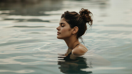 Fototapeta premium A woman is in the water with her hair in a bun
