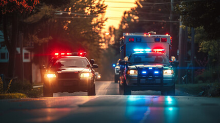 Two police cars are driving down a street at night