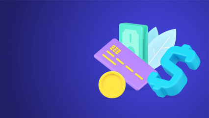 Money savings storage currency dollar on credit card and cash coins isometric 3d template vector