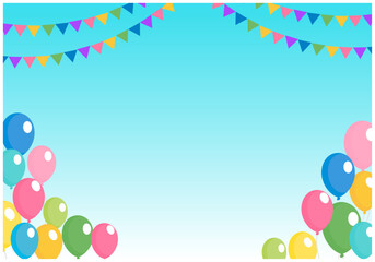 風船と旗と雲の空フレーム背景10空色