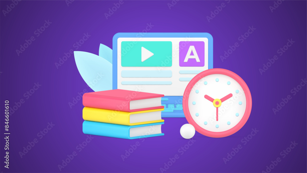 Poster online education with laptop video lesson user interface and stack of textbook 3d icon vector