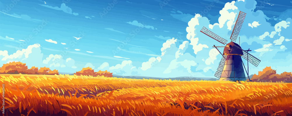 Poster rustic windmill in a wheat field vector flat minimalistic isolated illustration
