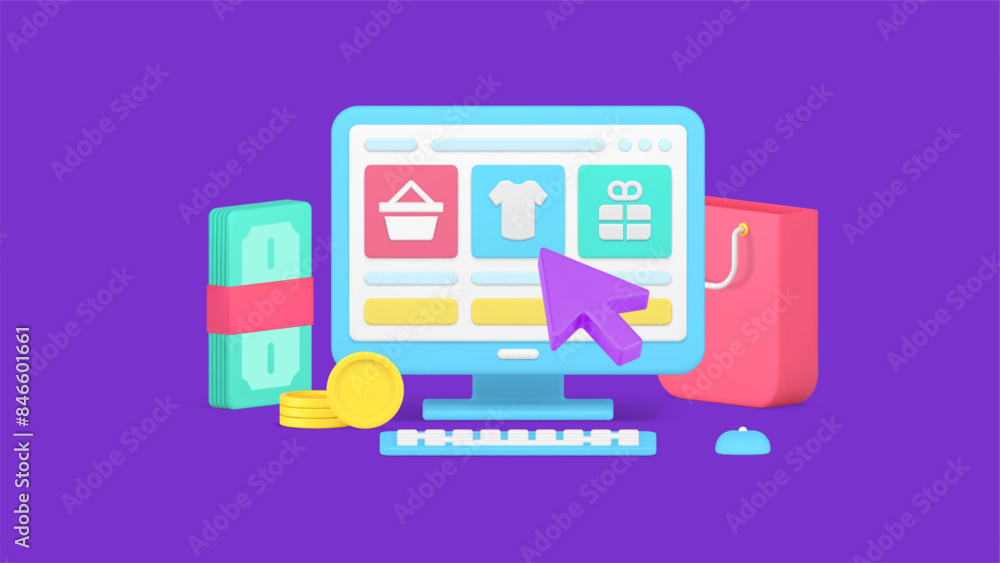 Poster isometric cursor pointing on goods at website computer monitor online shopping 3d icon vector