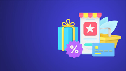 Online shopping smartphone screen awning user interface with credit card, supermarket basket 3d icon