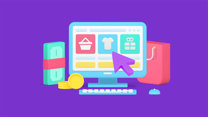 Isometric cursor pointing on goods at website computer monitor online shopping 3d icon vector