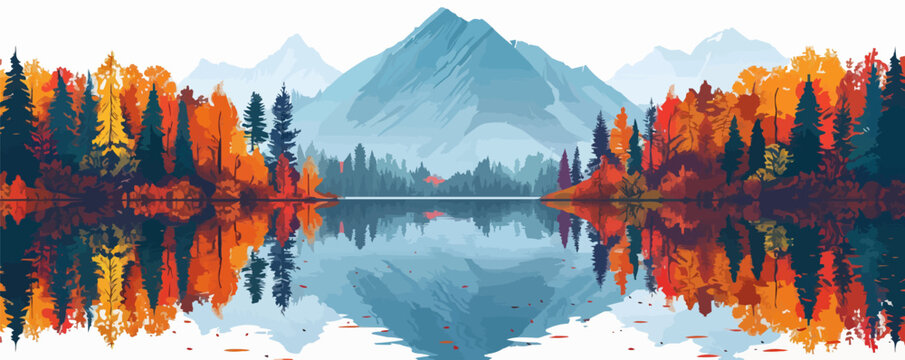 A serene mountain lake reflecting the colorful autumn foliage of surrounding trees. Vector flat minimalistic isolated
