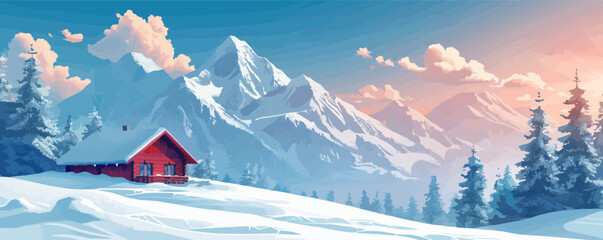 Fototapeta premium Cozy mountain chalet nestled in the snow Vector flat minimalistic isolated illustration