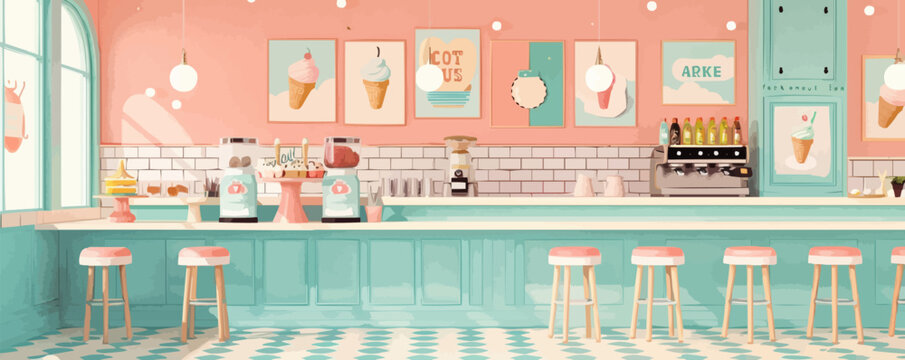 Vintage ice cream parlor with pastel-colored decor Vector flat minimalistic isolated illustration