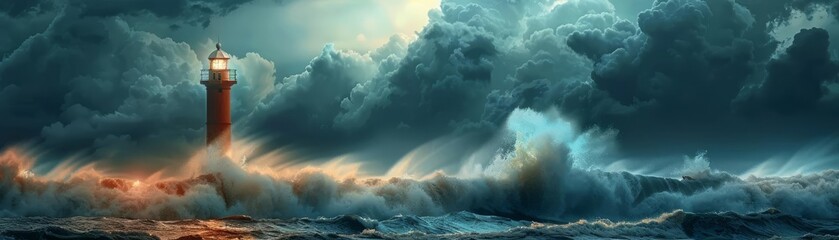 Fototapeta premium Lighthouse standing tall against crashing waves, stormy weather, dark clouds, dramatic and aweinspiring, beacon of hope and resilience