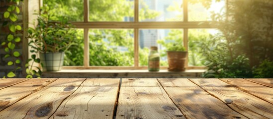 Interior decoration background with an empty wooden table and window, perfect for showcasing your products in a stylish montage.