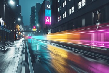 Obraz premium High speed AI interface in urban nightscape, illustrating advanced technology, artificial intelligence, and digital innovation in a futuristic city environment with neon lights
