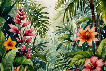 Naklejka premium Leaves and flowers of tropical trees.