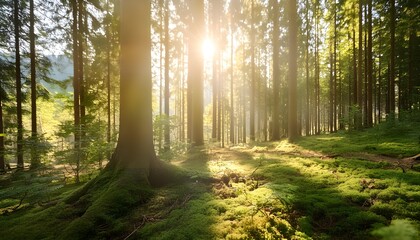 Obraz premium a high-quality, blurred forest background with sunlight filtering through the trees
