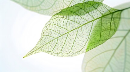 Green translucent leaves isolated on a white background. Copy space.