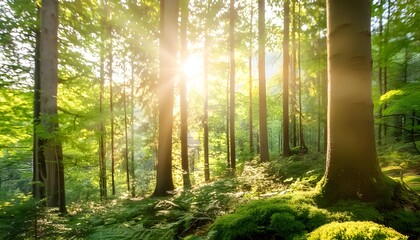a high-quality, blurred forest background with sunlight filtering through the trees