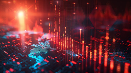 Fototapeta premium Illustration of global trading market fluctuations. Abstract business chart displaying a downtrend line and bar graph, enhanced by a multi-exposure effect with lens flare