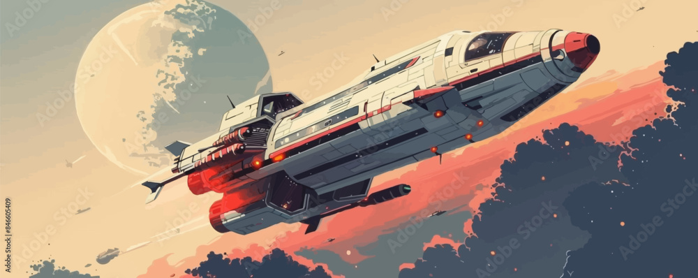 Poster spaceship in orbit vector flat minimalistic isolated