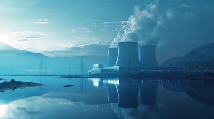 Fototapeta premium The nuclear power plant, a pinnacle of technical prowess, generates electricity through nuclear reactions, utilizing steam-driven turbines for efficient energy production