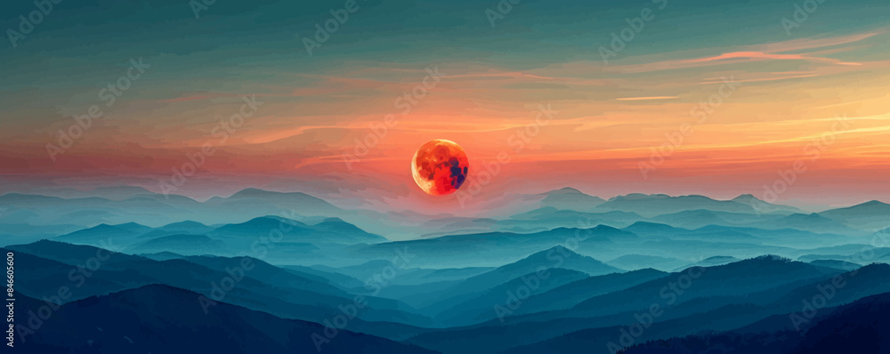 Poster lunar eclipse casting an ethereal glow over the landscape. vector flat minimalistic isolated