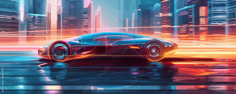 Poster sci-fi hovercar speeding through futuristic cityscape vector flat minimalistic isolated