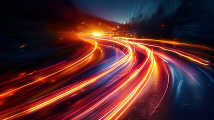 Obraz premium Street lamp. Curving streak of light. Rapidly moving vehicle. Extended yellow and red trail. Illuminated road surface. Motion blur. Glistening stream