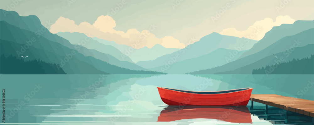 Poster serene lakeside dock with a rowboat. vector flat minimalistic isolated