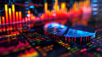 Approach to varied investments. Investor overseeing portfolio. Representation through pie chart and candlestick charts