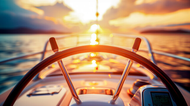 sunset behind the helm of a sailboat in the open sea - freedom, recreational boating and adventure concept