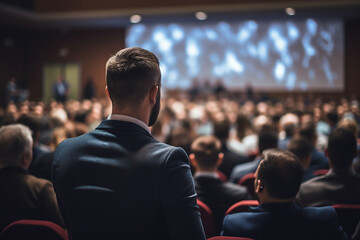 Generative AI composition image Exited motivational speaker on stage Diversity Success Leadership concept performance