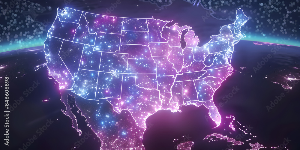 Wall mural america map telecommunication and data transfer networks with global internet and artificial intelli
