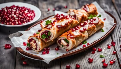 Musakhan Chicken Rolls with pomegranate molasses in white plate- Home made - on gray wood
