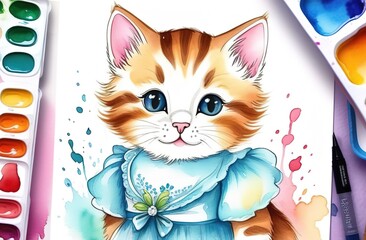 Drawing of a beautiful, red, white Siberian cat in a dress with flowers. A colored postcard. Cover for a notebook, book, notebook. March 8, birthday, congratulations on the holiday.