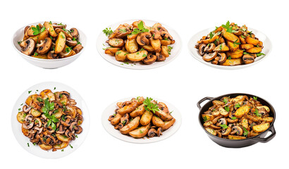 set of fried potato chips and mushrooms 