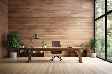 Fototapeta premium Interior of modern wooden office with wooden walls, wooden floor, rows of computer tables.