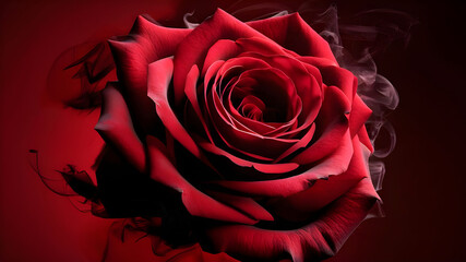 Close up of a red rose on dark red background