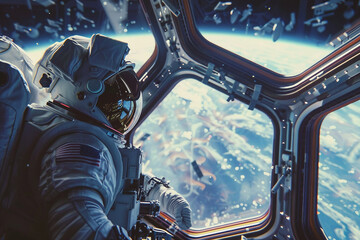 Closeup Generative AI picture of astronaut male female floating through space galaxy planet moon stars