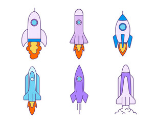 Space rockets set isolated on white background. Childish illustration for kids