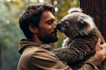 Portrait of a happy man hugging his best friend animal pet created with generative AI